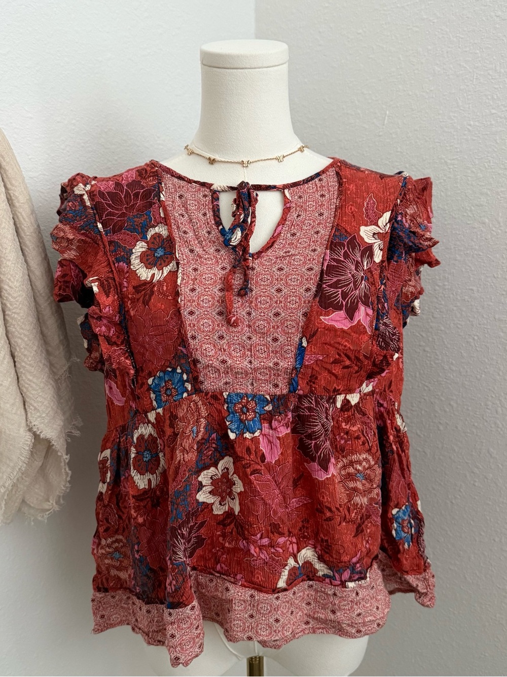 Westbound Red Floral Ruffle Sleeve Tie-Front Blouse